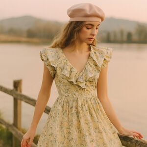OPT Kate Anthropologie Dress Womens Size M Cotton Floral Ruffle Neckline Garden
